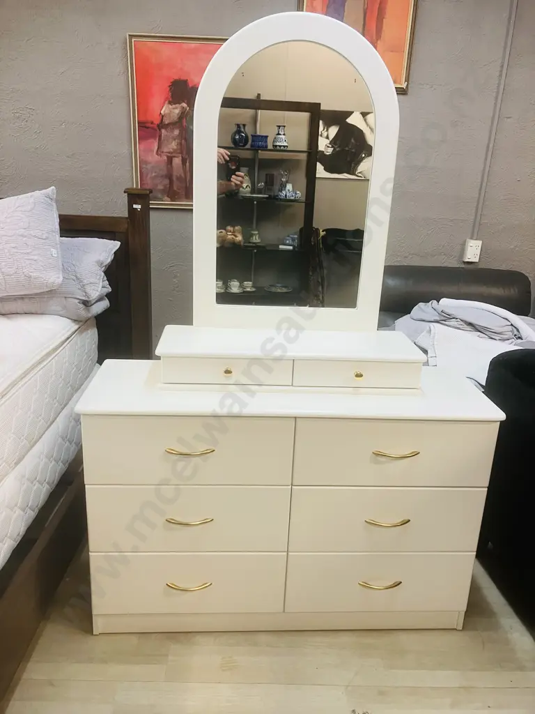 Dimitris NZ White 8 Drawer Dressing Table With Mirror, Gold Colour Handles. H178 W118 D41cm Image 1++