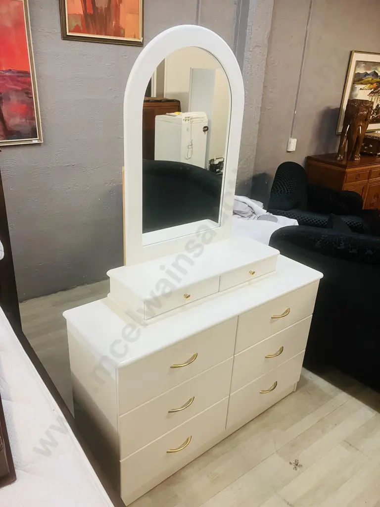 Dimitris NZ White 8 Drawer Dressing Table With Mirror, Gold Colour Handles. H178 W118 D41cm Image 1++