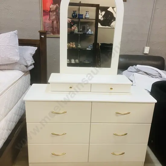 Dimitris NZ White 8 Drawer Dressing Table With Mirror, Gold Colour Handles. H178 W118 D41cm