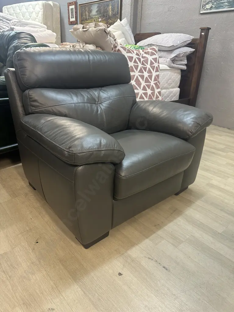 Genuine Grey Leather Chair Ex Harvey Norman H95,W105,D83cm. Image 1++