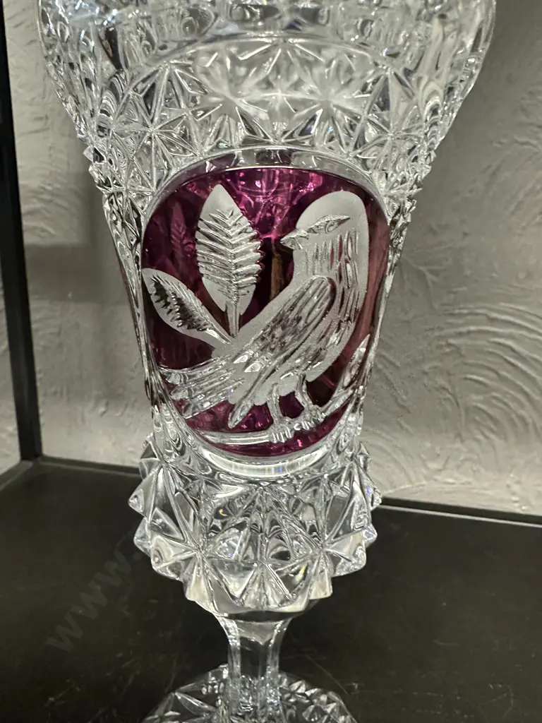 Stunning Vintage Hofbauer Ruby Byrdes Large Crystal Challice Vase with bird finial lid H24.5cm Image 1++