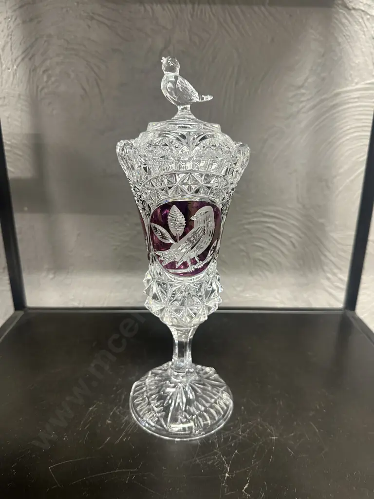 Stunning Vintage Hofbauer Ruby Byrdes Large Crystal Challice Vase with bird finial lid H24.5cm Image 1++