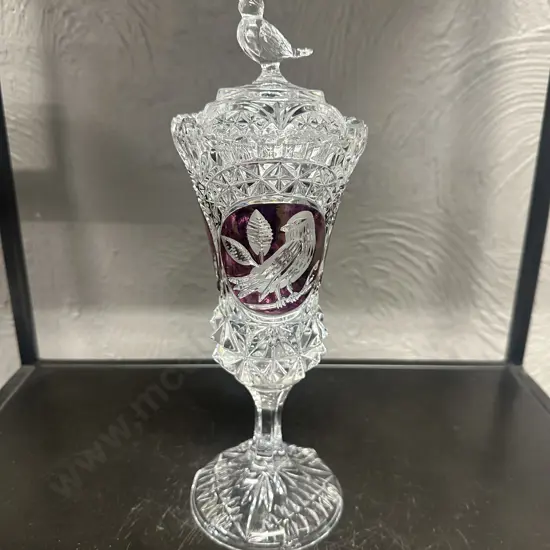Stunning Vintage Hofbauer Ruby Byrdes Large Crystal Challice Vase with bird finial lid H24.5cm