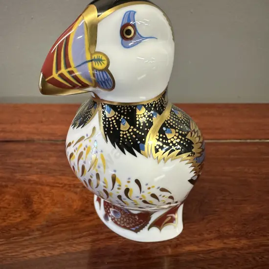 Royal Crown Derby 'Puffin' Paperweight Imari Pattern & 22 Carat Gold Accents With Gold Stopper H12cm.
