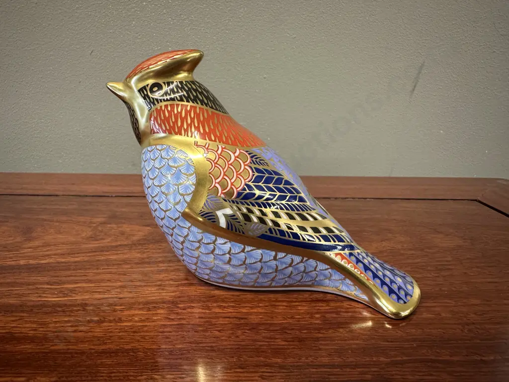 Royal Crown Derby 'Wax Wing' Bird Paperweight Imari Pattern & 22 Carat Gold Accents With Silver Stopper H8.5,W12cm. Image 1++