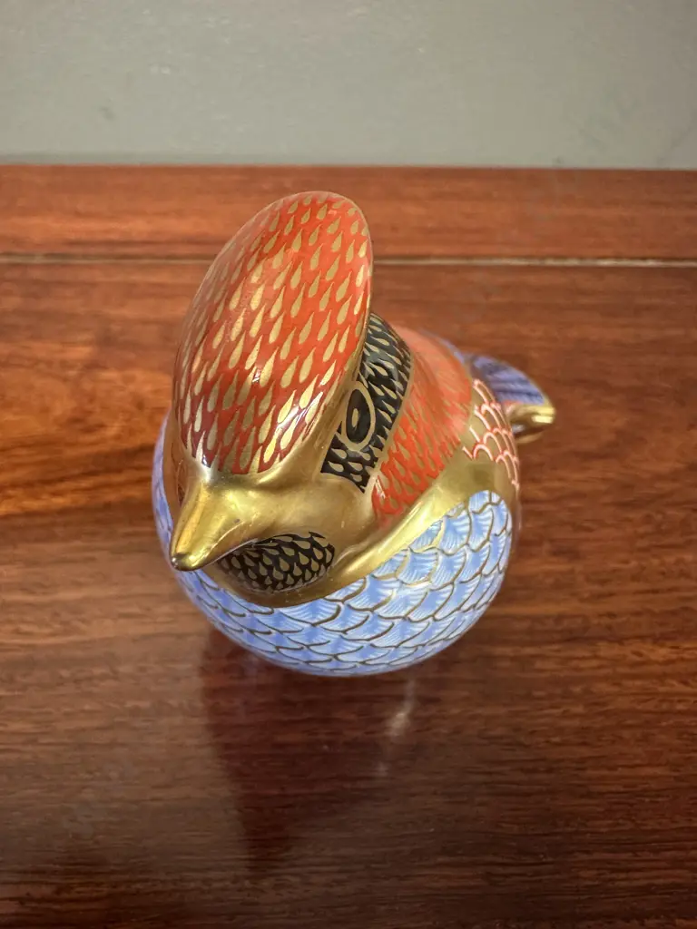 Royal Crown Derby 'Wax Wing' Bird Paperweight Imari Pattern & 22 Carat Gold Accents With Silver Stopper H8.5,W12cm. Image 1++