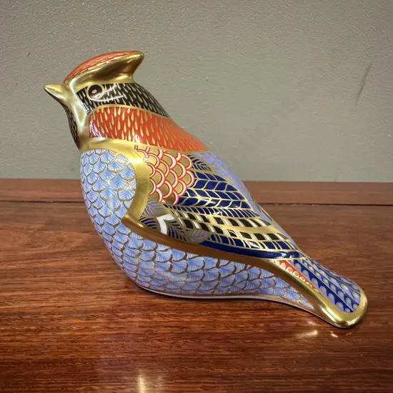 Royal Crown Derby 'Wax Wing' Bird Paperweight Imari Pattern & 22 Carat Gold Accents With Silver Stopper H8.5,W12cm.