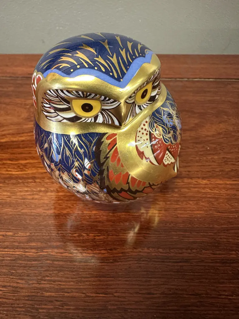 Royal Crown Derby 'Little Owl' Paperweight Imari Pattern & 22 Carat Gold Accents With Gold Stopper H8cm. Image 1++