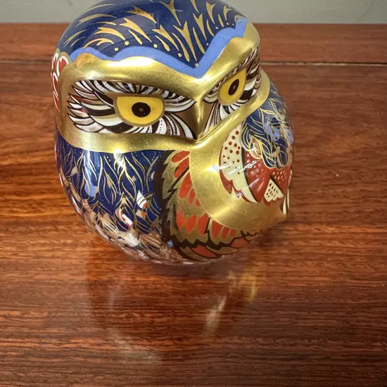 Royal Crown Derby 'Little Owl' Paperweight Imari Pattern & 22 Carat Gold Accents With Gold Stopper H8cm.