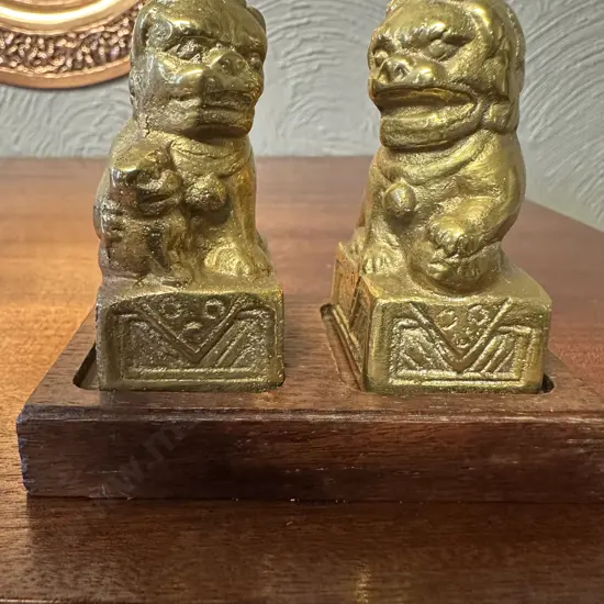 Pair Of Vintage Solid Brass Foo Dog Figurines On Wooden Plinth