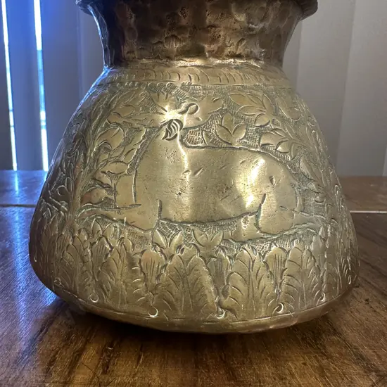 Vintage Brass & Copper Pot With Animal Pattern H14cm.