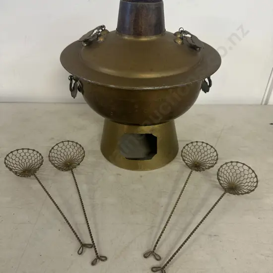 Vintage Brass Hot Pot With Wire Spoon Strainers