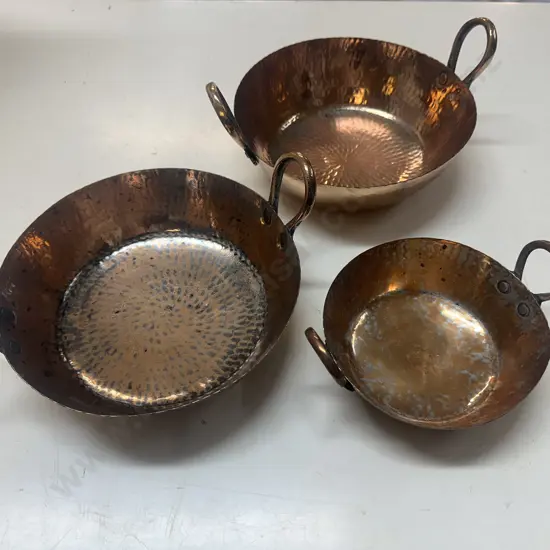 Vintage Hammered Copper Kada Bowls Double Handled x3