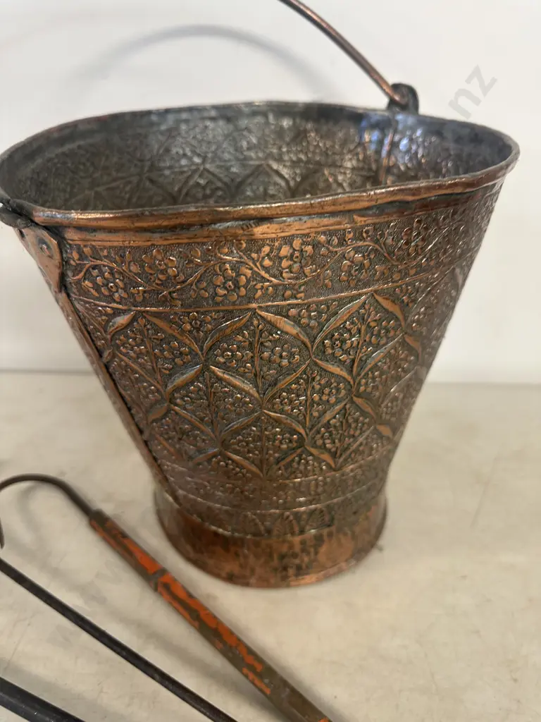 Copper Repousse Bucket With Fire Side Items Image 1++