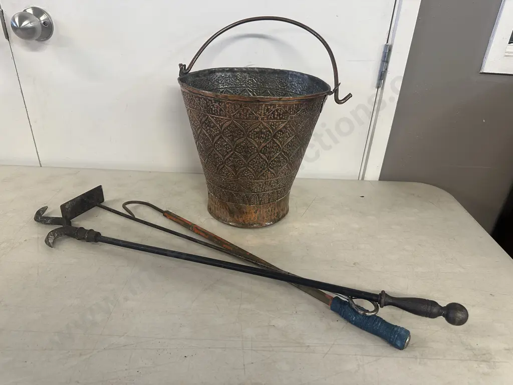 Copper Repousse Bucket With Fire Side Items Image 1++