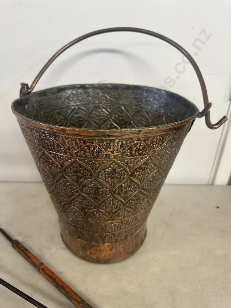 Copper Repousse Bucket With Fire Side Items Image 1++