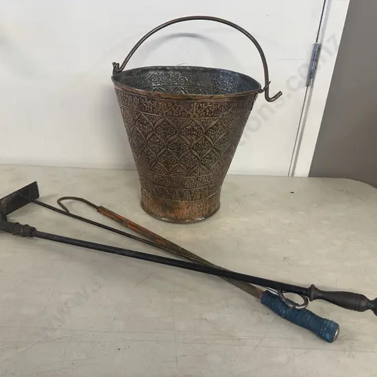 Copper Repousse Bucket With Fire Side Items
