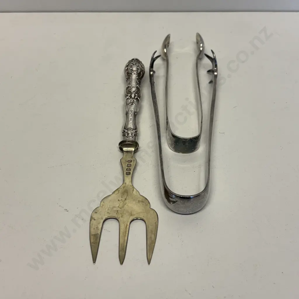 EP Silver tongs x 2 with fork (hallmarked handle as shown) Image 1++