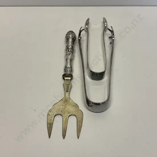 EP Silver tongs x 2 with fork (hallmarked handle as shown)
