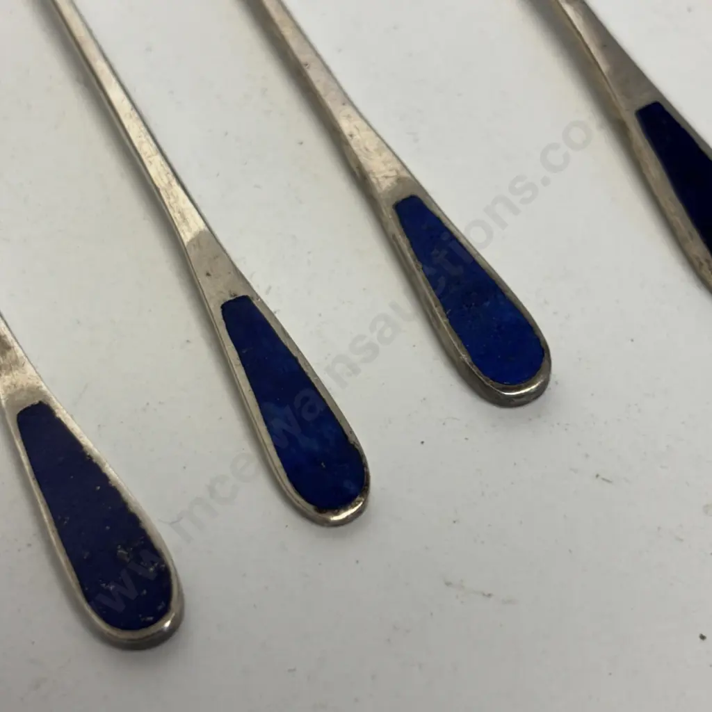 Set of 6 sterling silver coffee spoons with blue enamelled? handles. Stamped 925 Image 1++