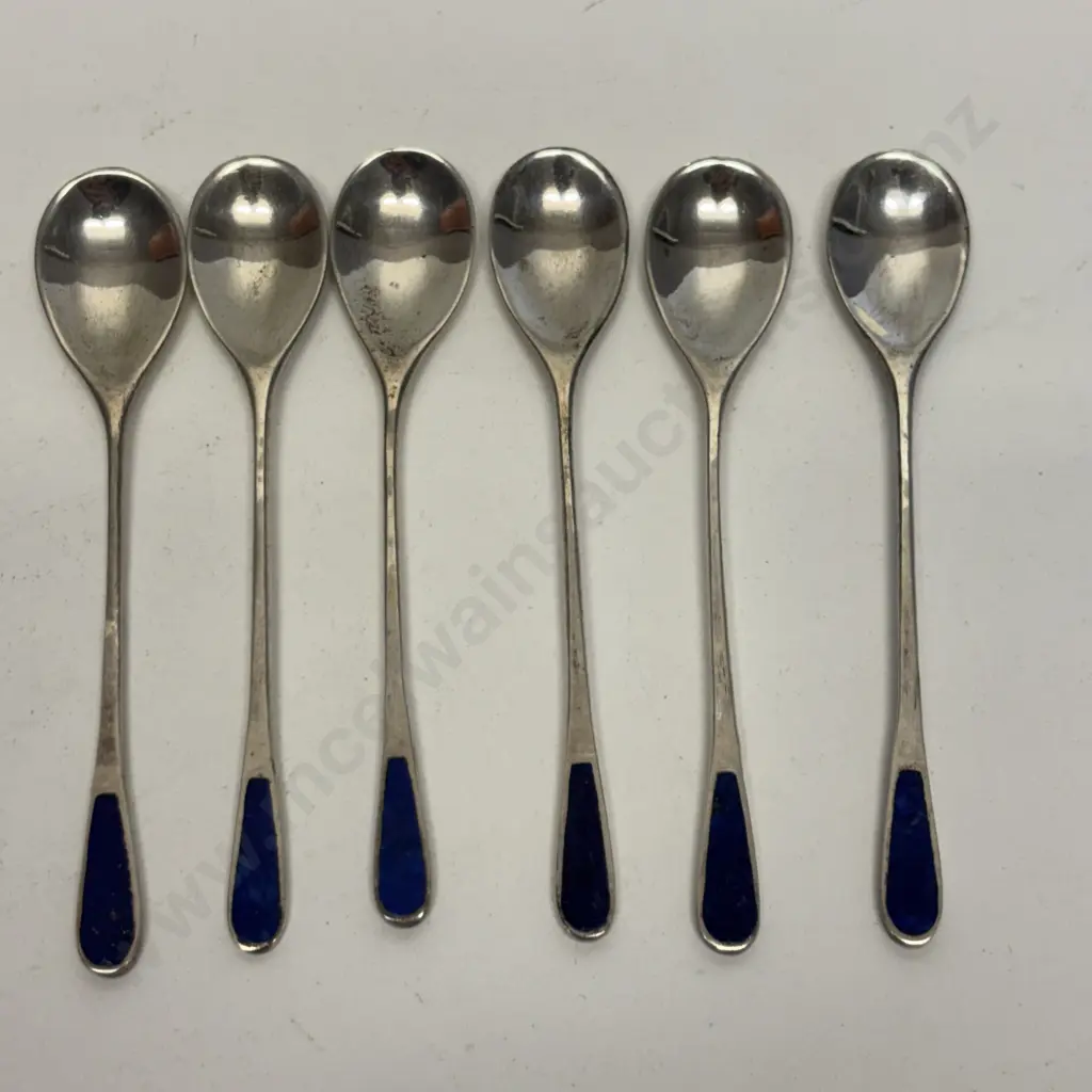 Set of 6 sterling silver coffee spoons with blue enamelled? handles. Stamped 925 Image 1++
