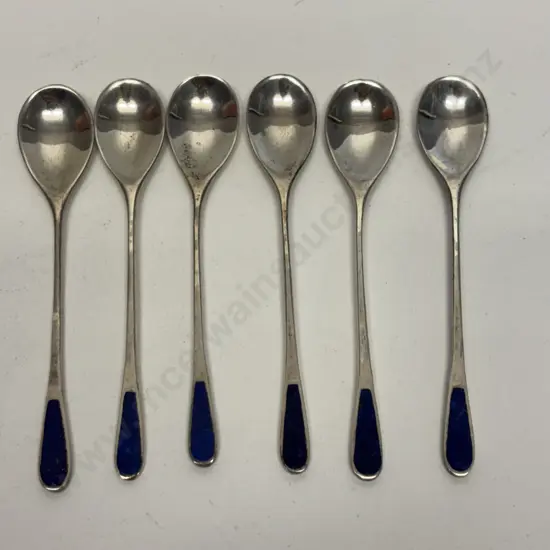 Set of 6 sterling silver coffee spoons with blue enamelled? handles. Stamped 925