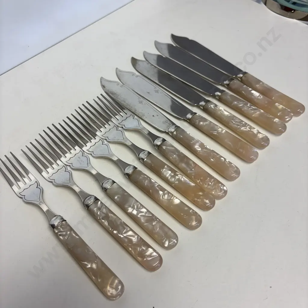12 pc Mid Century English made Pearlised handled Fish Set Image 1++