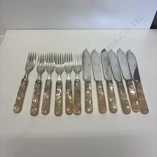 12 pc Mid Century English made Pearlised handled Fish Set
