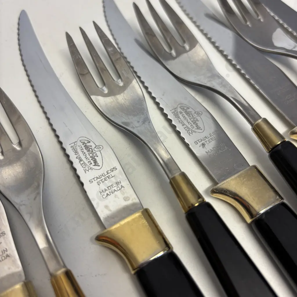 12 pc Mid Century Gold N Ebony, Canada Steak Knive and Fork set Image 1++