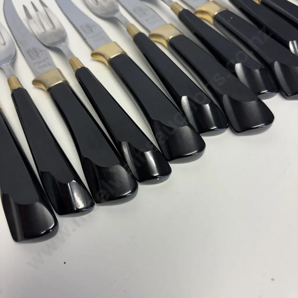 12 pc Mid Century Gold N Ebony, Canada Steak Knive and Fork set Image 1++