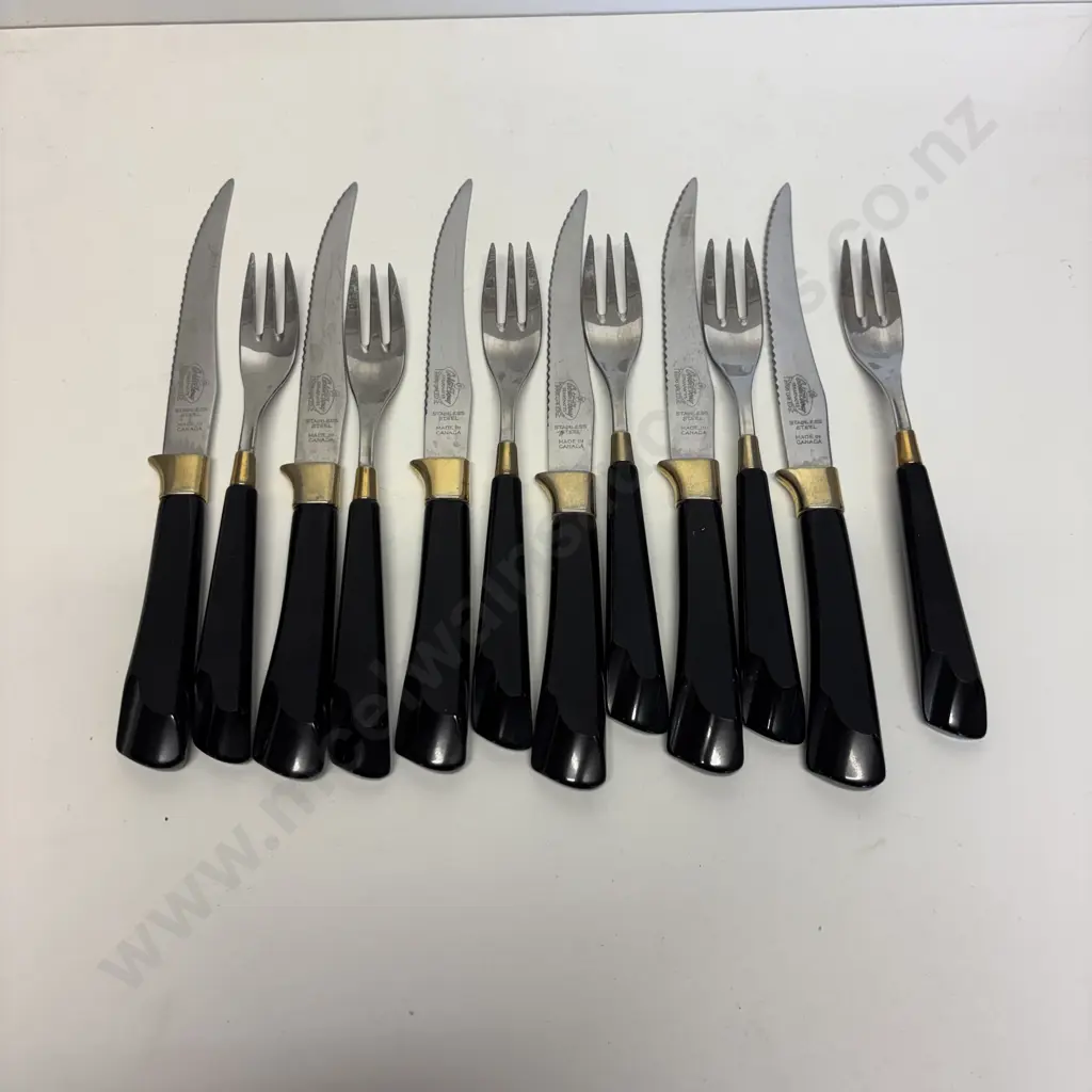 12 pc Mid Century Gold N Ebony, Canada Steak Knive and Fork set Image 1++