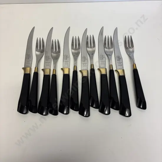 12 pc Mid Century Gold N Ebony, Canada Steak Knive and Fork set