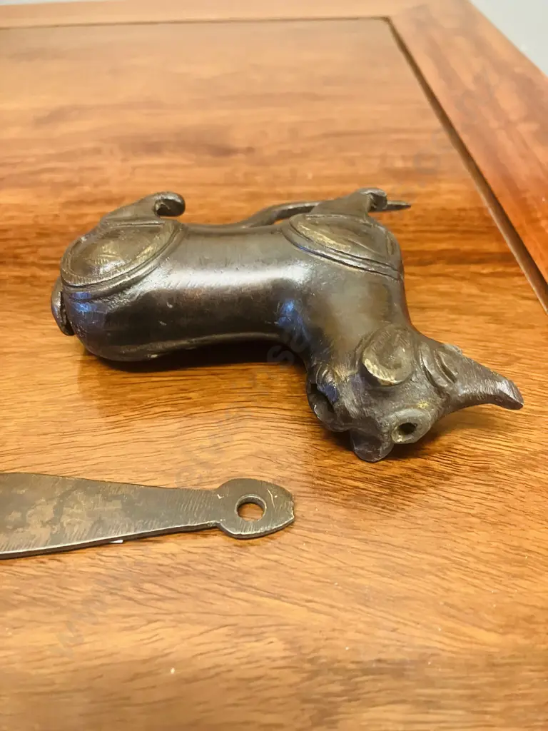 Vintage Bronze Dog Shaped Padlock with Key Image 1++