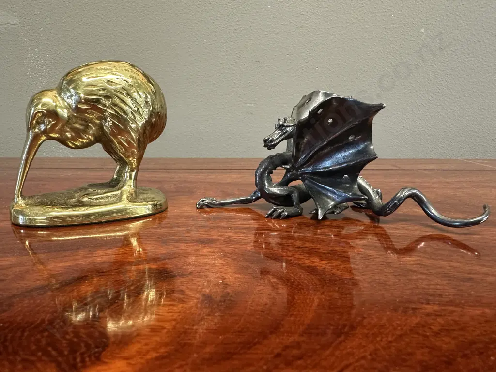 Souvenir Figurines Including NZ Made Brass Kiwi Paper Weight & Dragon Figurine Image 1++