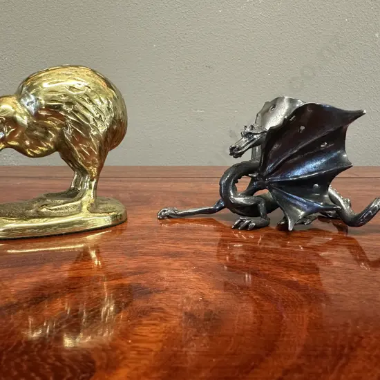 Souvenir Figurines Including NZ Made Brass Kiwi Paper Weight & Dragon Figurine