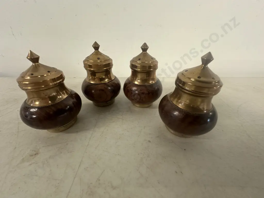 Vintage Brass & Wood Salt & Pepper Shakers Image 1++