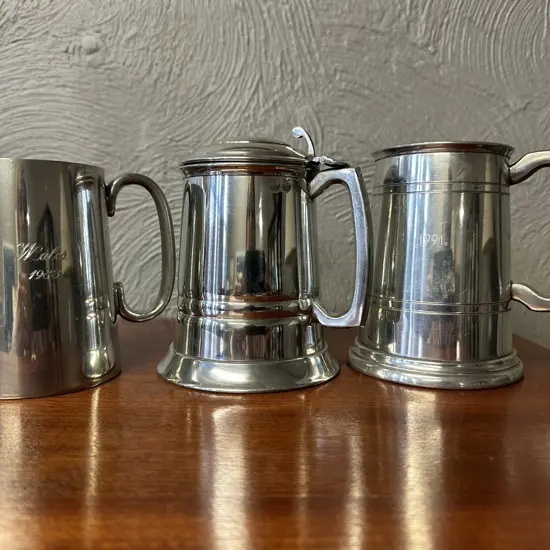 Vintage English Pewter Tankards x3