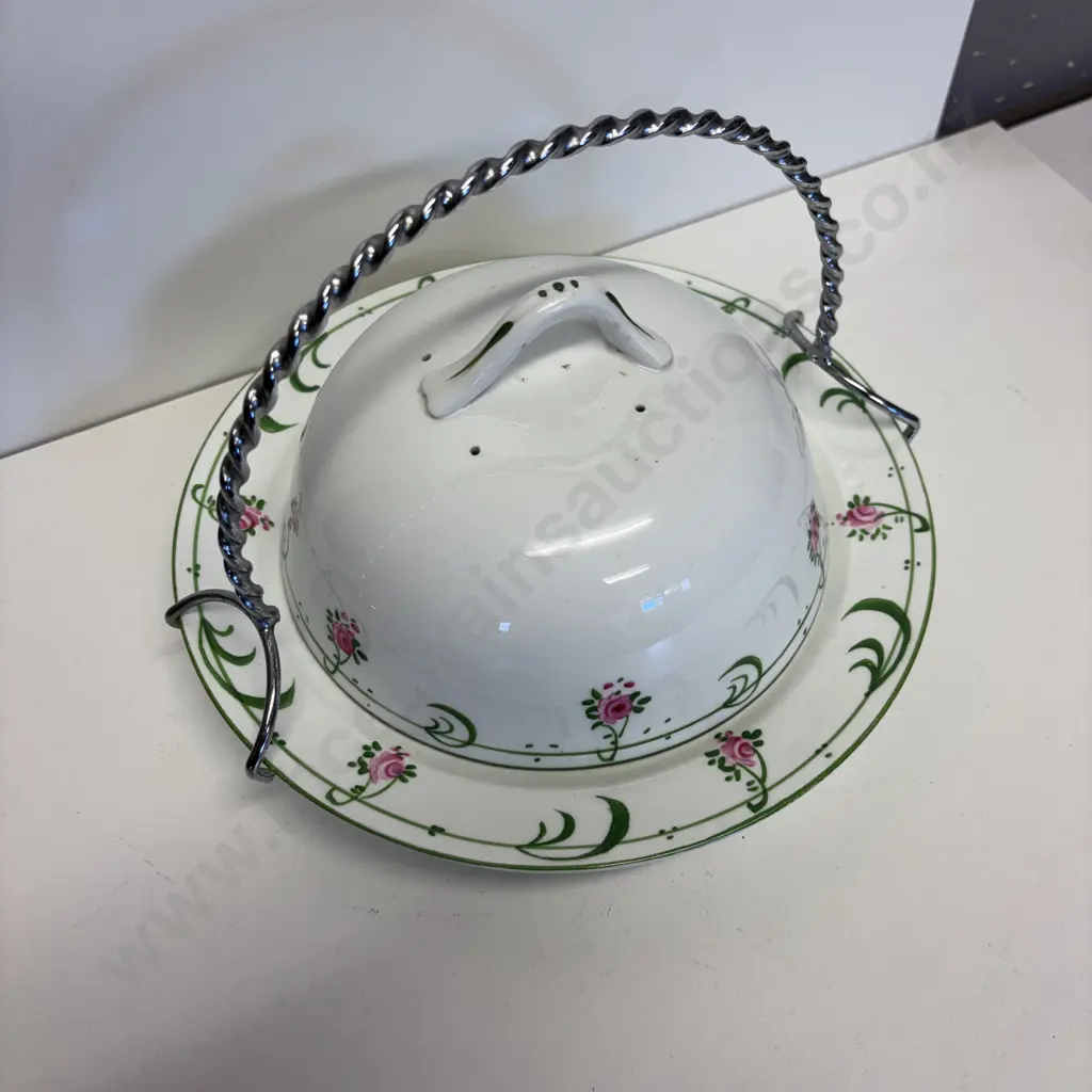 Antique WH Whiteley Ltd, London handpainted Lidded Butter/Cheese keep with twisted metal handle Image 1++