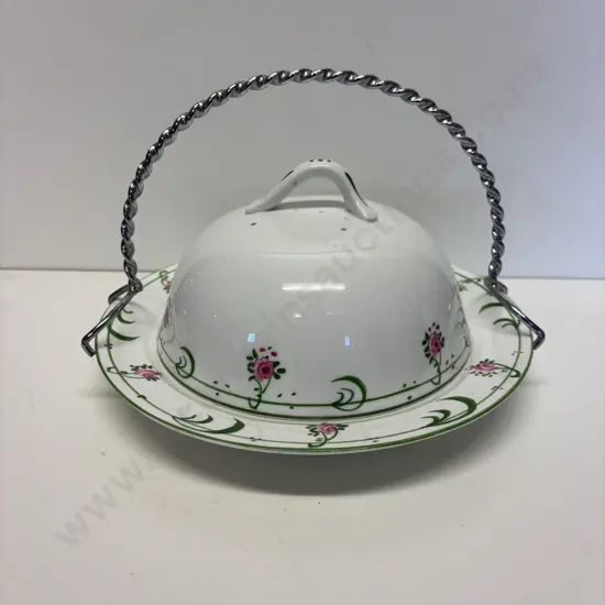 Antique WH Whiteley Ltd, London handpainted Lidded Butter/Cheese keep with twisted metal handle