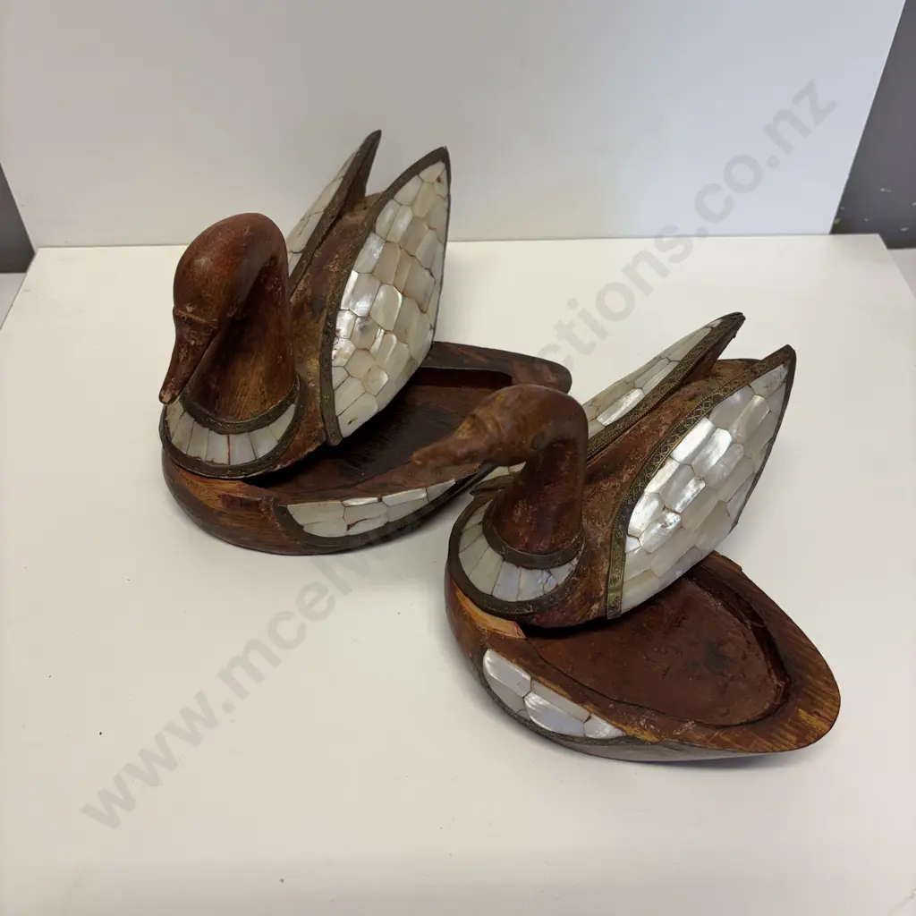 Two Wooden Duck twist top Pots. Mother of pearl inserts with decorative brass detail. Image 1++