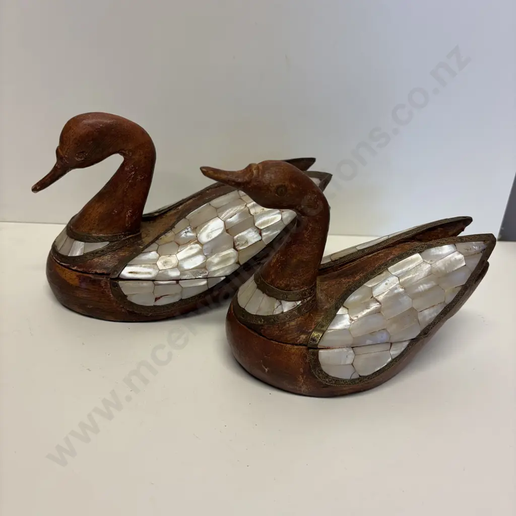 Two Wooden Duck twist top Pots. Mother of pearl inserts with decorative brass detail. Image 1++