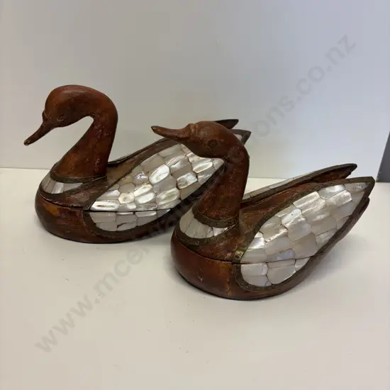 Two Wooden Duck twist top Pots. Mother of pearl inserts with decorative brass detail.