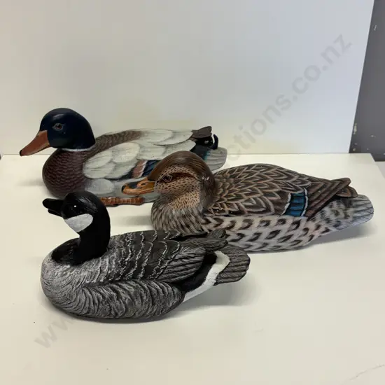 Three Duck figurines. 2 x wooden Mallard ducks and USA Chesapeake Heavy Stoneware Duck