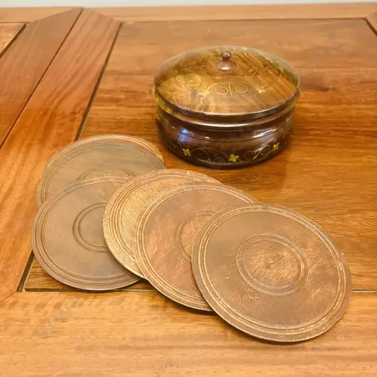 Rosewood Coasters Set of Six In Inlaid Rosewood Container