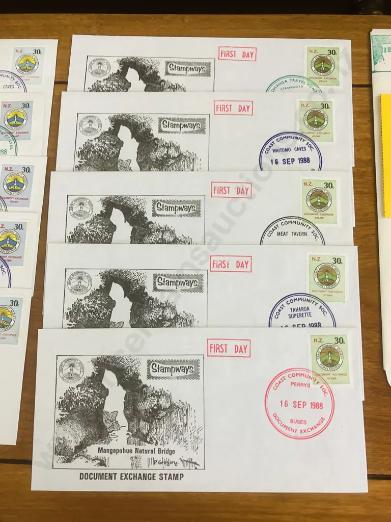 Rare NZ Stampways Document Exchange 10 illustrated covers. 2 Bumper Stickers, 2 Stamp Books, Envelope Image 1++
