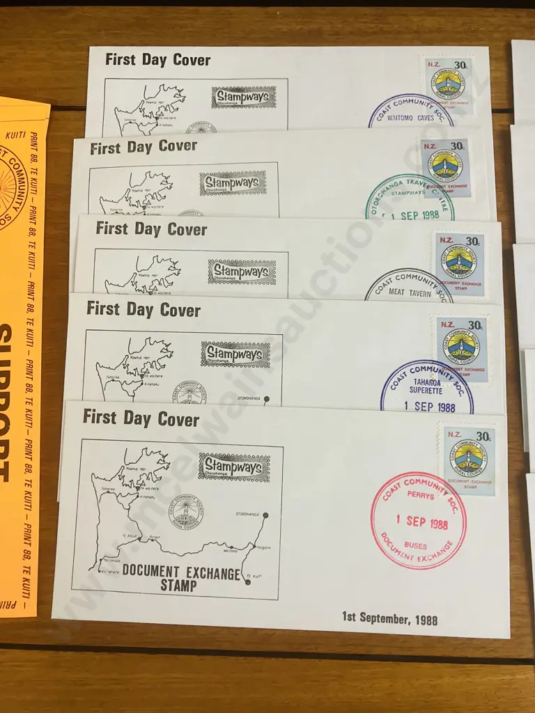 Rare NZ Stampways Document Exchange 10 illustrated covers. 2 Bumper Stickers, 2 Stamp Books, Envelope Image 1++
