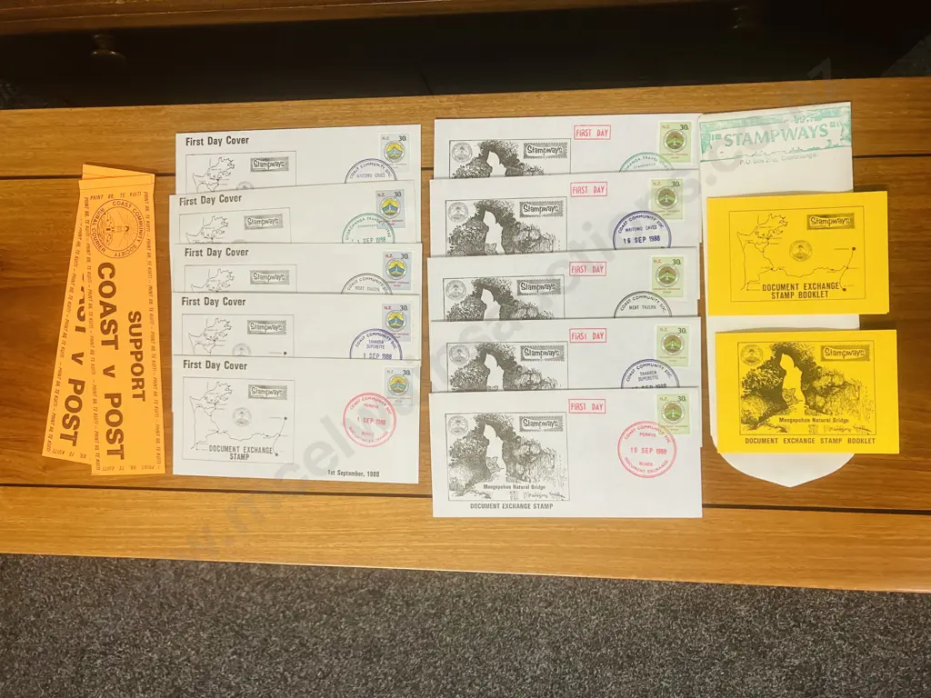 Rare NZ Stampways Document Exchange 10 illustrated covers. 2 Bumper Stickers, 2 Stamp Books, Envelope Image 1++