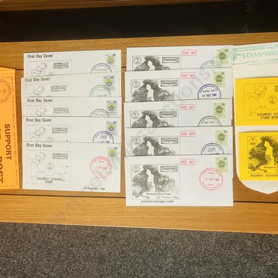 Rare NZ Stampways Document Exchange 10 illustrated covers. 2 Bumper Stickers, 2 Stamp Books, Envelope