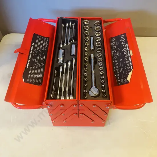 Red Steel Cantilever Toolbox With Socket Set & Assorted Tools