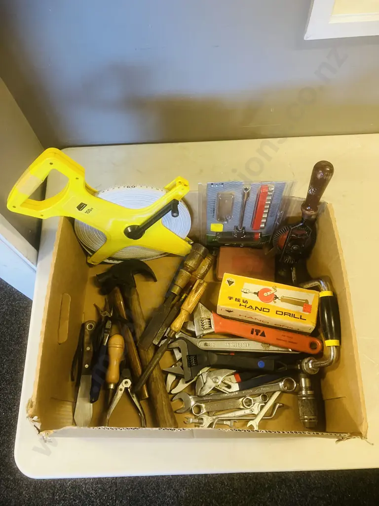 Box Lot Hand Tools, 100m Tape, Drill Bits Etc Image 1++